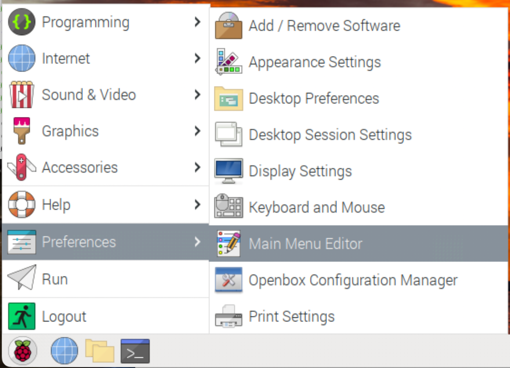 computer start menu, preferences sub menu selected, main menu editor selected