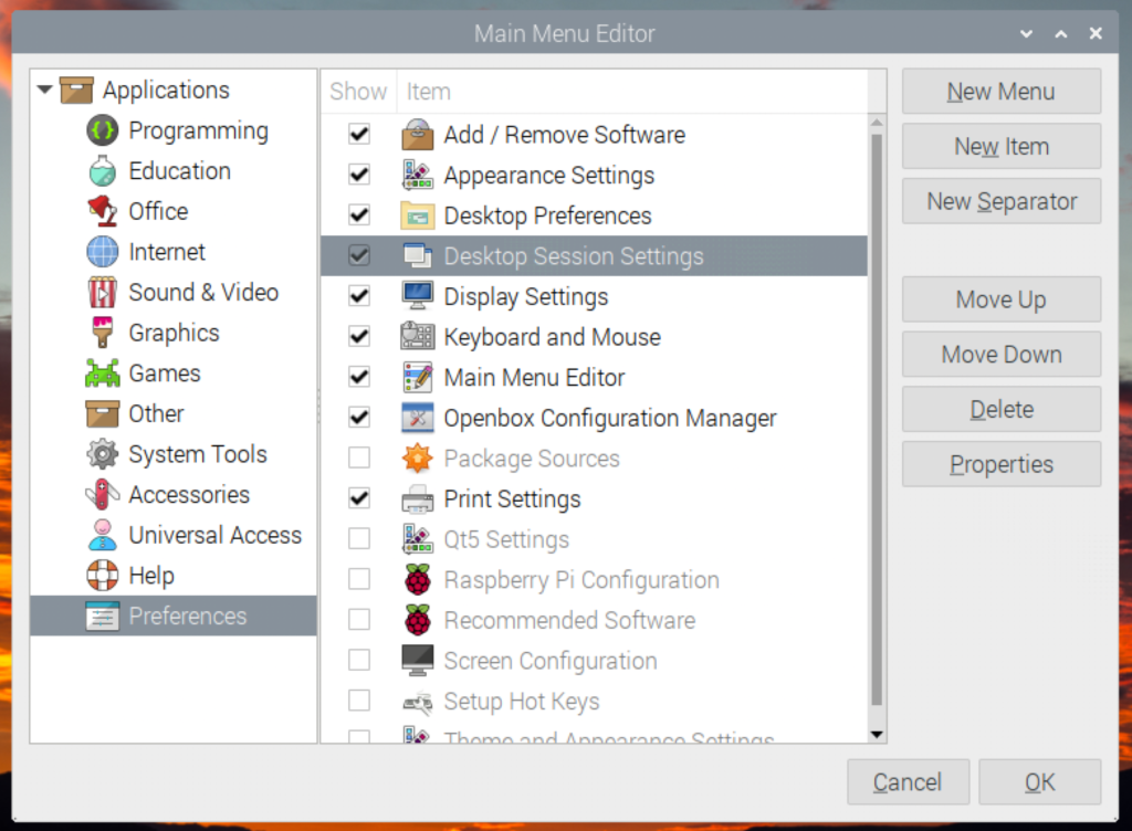 Program window from Main Menu Editor. Two boxes, left box with a list of applications and preferences selected. Right box has two columns, check enabled box in front of the item called desktop session settings  
