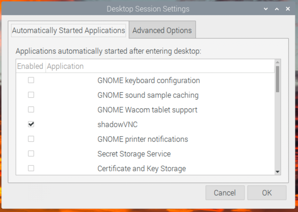 Computer window showing a list of applications, a center frame, two columns Enabled and Application. In application shadow V N C is shown. In Enabled column, a checkmark is present.